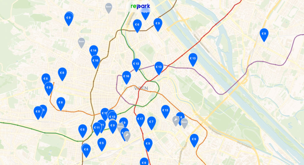 Kartenansicht der Repark Web-App mit Parkplätzen über ganz Wien verteilt