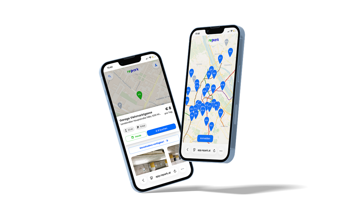 Repark Web-App auf zwei Smartphones: Kartenansicht der Wiener Standorte und die Detailansicht einer Garage mit Buchungsbutton